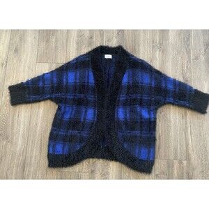 OSO Casual Blue Plaid 3/4 Dolman Sleeves Open Front Cocoon Cardigan